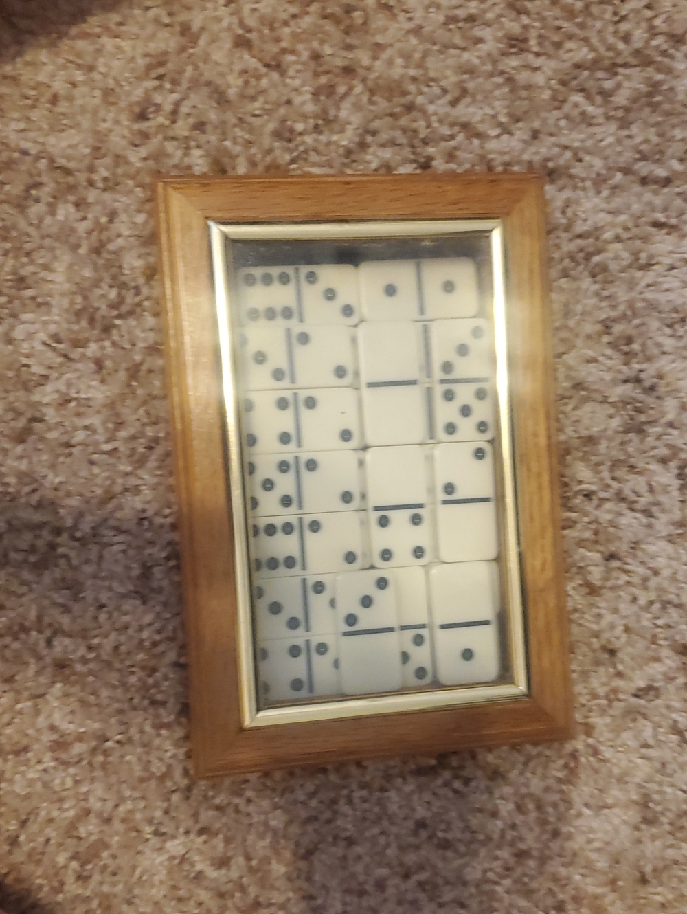 Source Unknown White Domino Set with Black Pips and Wood Frame